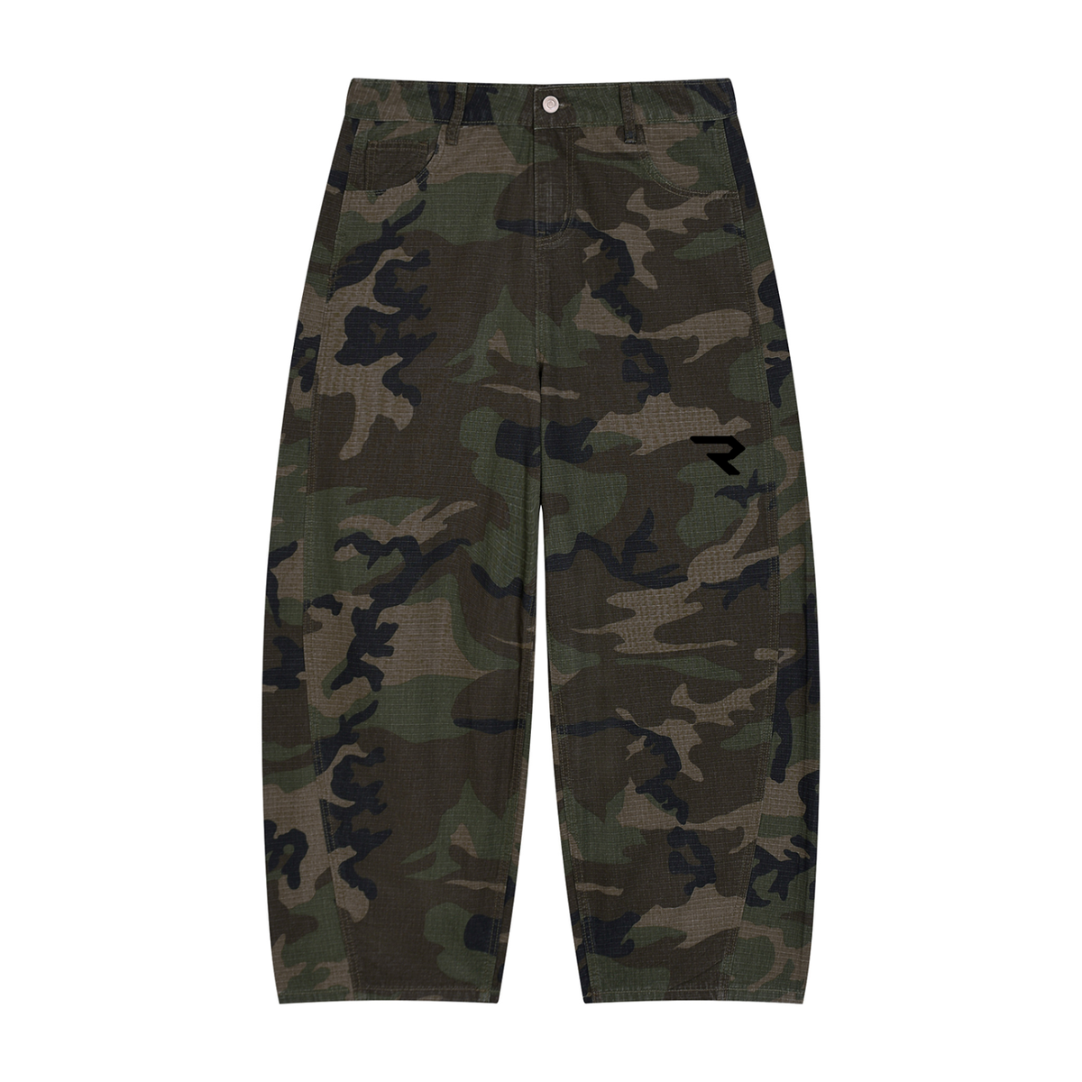 Minimal Camo Barrel-Leg Cargo Pants